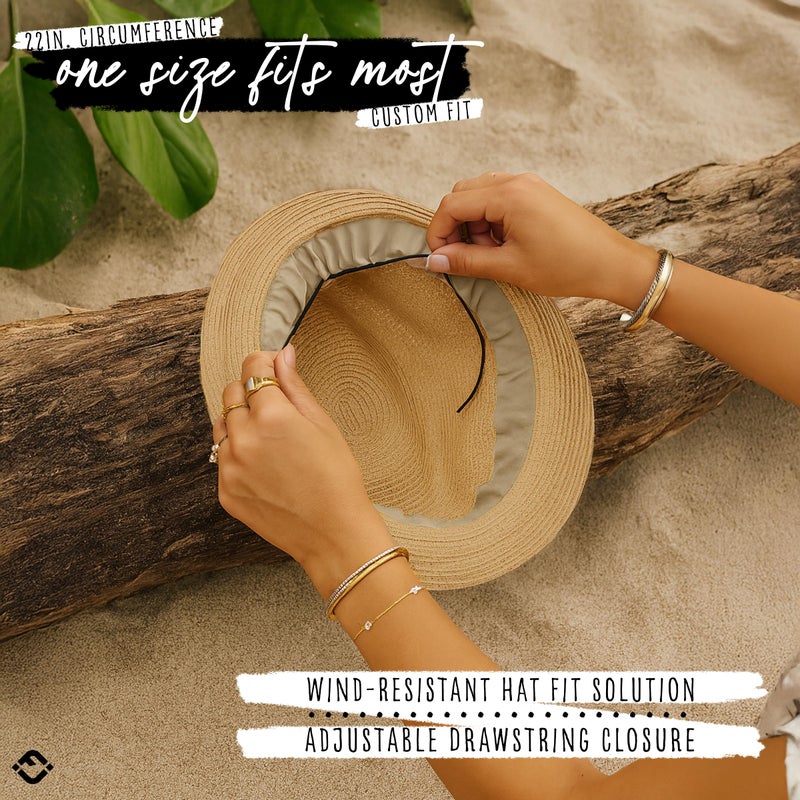 Funky Junque Women's Summer Fashion Straw Fedora Hat, UPF 50+ Adjustable Short Brim Sun Hat - Leopard Band - Natural - Image 3